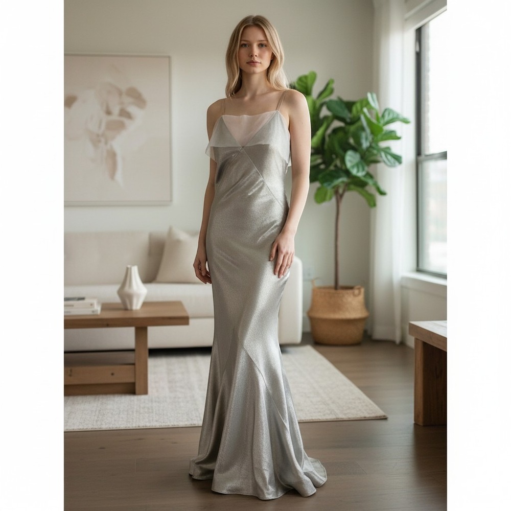 Eric Winterling NY Custom Champagne Bias Cut Fishtail Gown Broadway Metallic Sm